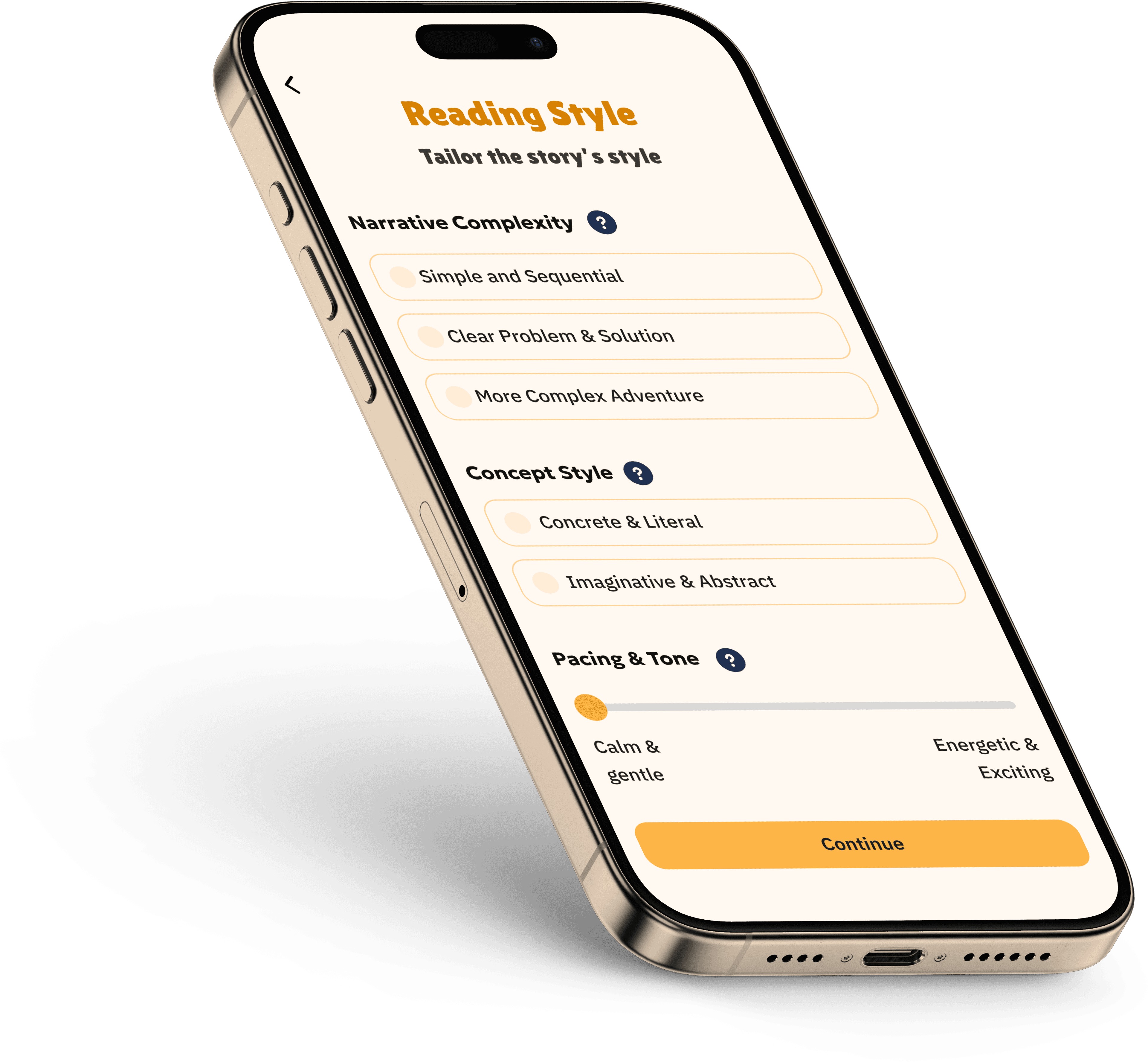 Screen showing reading style customization options including narrative complexity and pacing